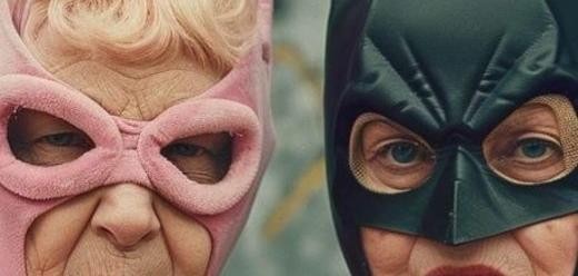 Two older women in playful superhero costumes, fists up - on why you are never too old to learn AI