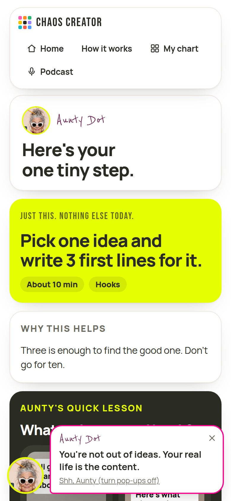 A tiny step from Aunty Dot: pick one idea and write 3 first lines