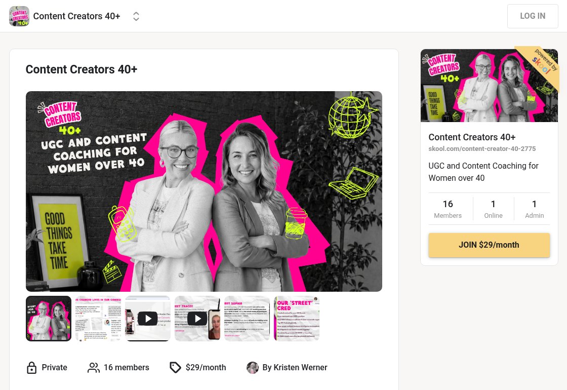 Screenshot of the Content Creators 40+ community page on Skool, showing the cover image, the $29 a month join button and the community details