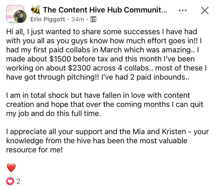 Community post from Erin Piggott: first paid collabs in March, about $1,500 before tax, then about $2,300 across 4 collabs, mostly through pitching