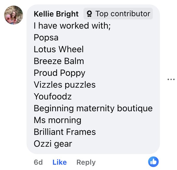 Kellie Bright listing the brands she has worked with, including Popsa, Lotus Wheel, Breeze Balm, Proud Poppy and Youfoodz