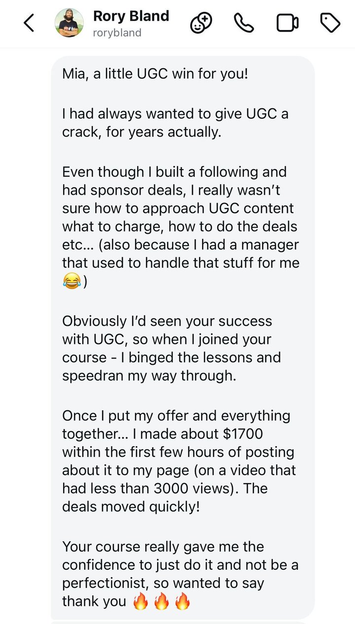 Instagram DM from Rory Bland: after bingeing the UGC course he made about $1,700 within the first few hours of posting his offer