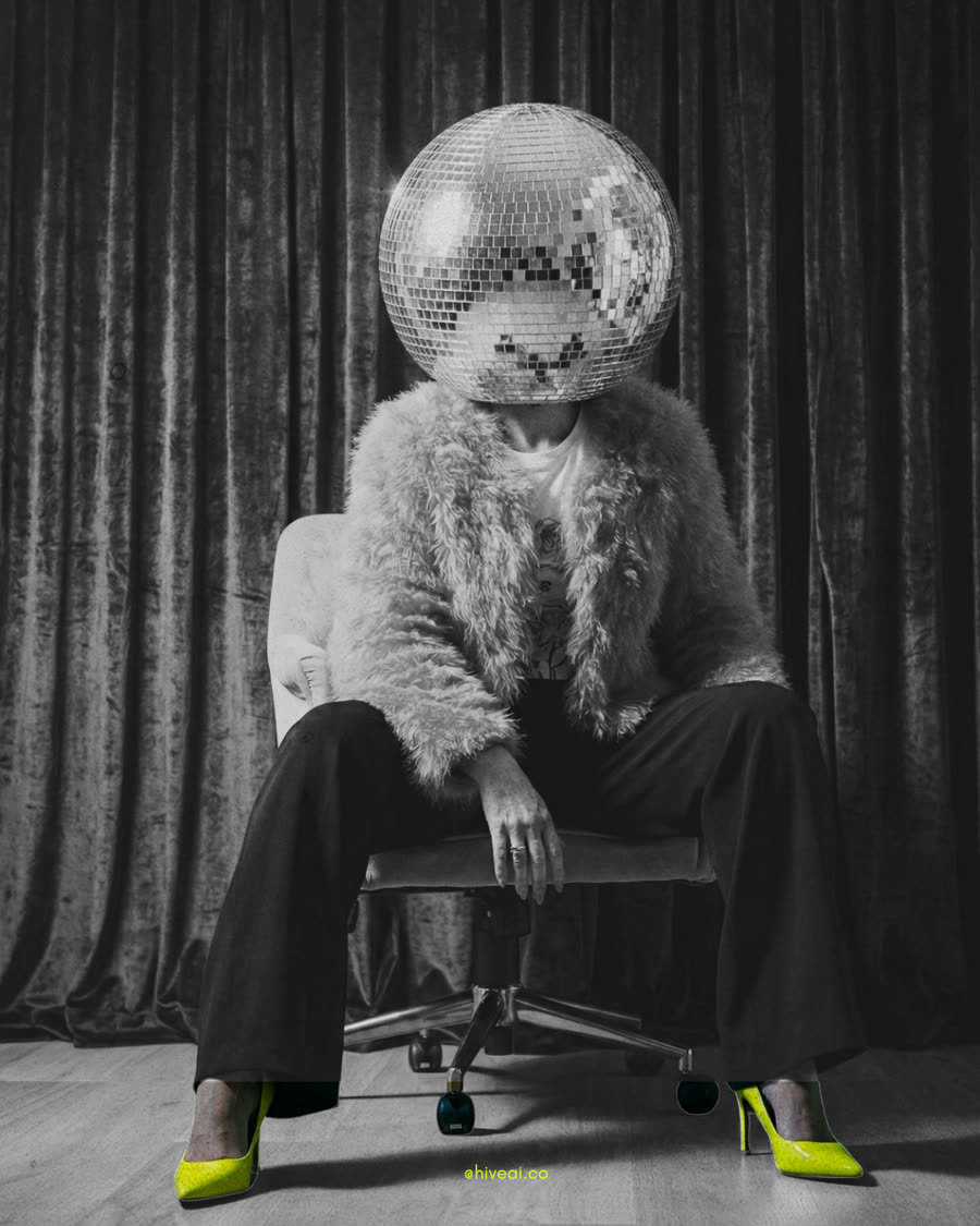 Editorial photo of a woman seated with a disco ball for a head, fluffy coat and neon lime heels